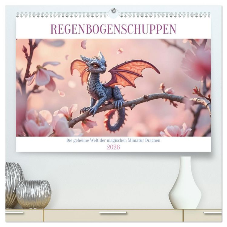 Produktbild: Regenbogenschuppen - Die geheime Welt der magischen Miniatur Drachen (hochwertiger Premium Wandkalender 2026 DIN A2 quer), Kunstdruck in Hochglanz