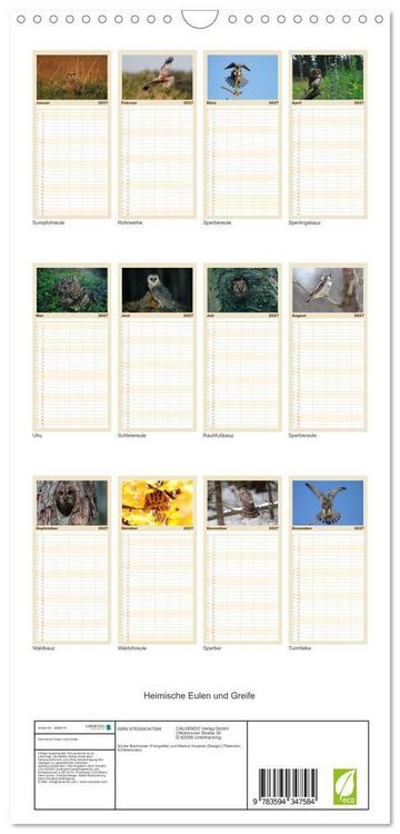 Produktbild: Familienplaner 2027 - Heimische Eulen und Greife mit 5 Spalten (Wandkalender, 21 x 45 cm) CALVENDO