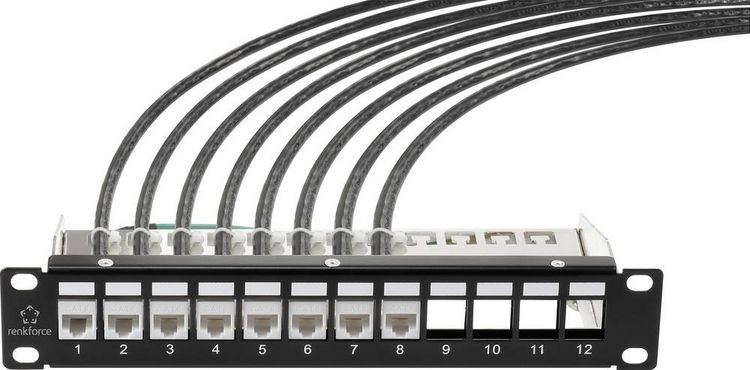 Produktbild: Renkforce RF-4996626 12 Port Patch-Panel 254mm (10\") Unbest&uuml;ckt 1 HE Schwarz Unbest&uuml;ckt