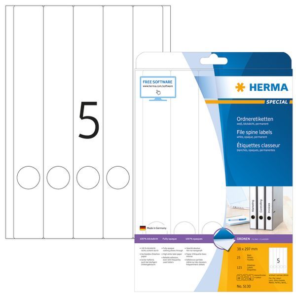 Produktbild: HERMA Ordneretiketten permanent wei&szlig; 38x297mm 25 Blatt 125 St&uuml;ck