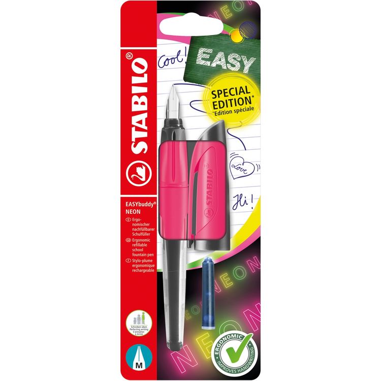 Produktbild: STABILO F&uuml;ller EASYbuddy NEON in neonpink, Schulf&uuml;ller mit Standard-Feder M, blau (l&ouml;schbar) inkl. Patrone