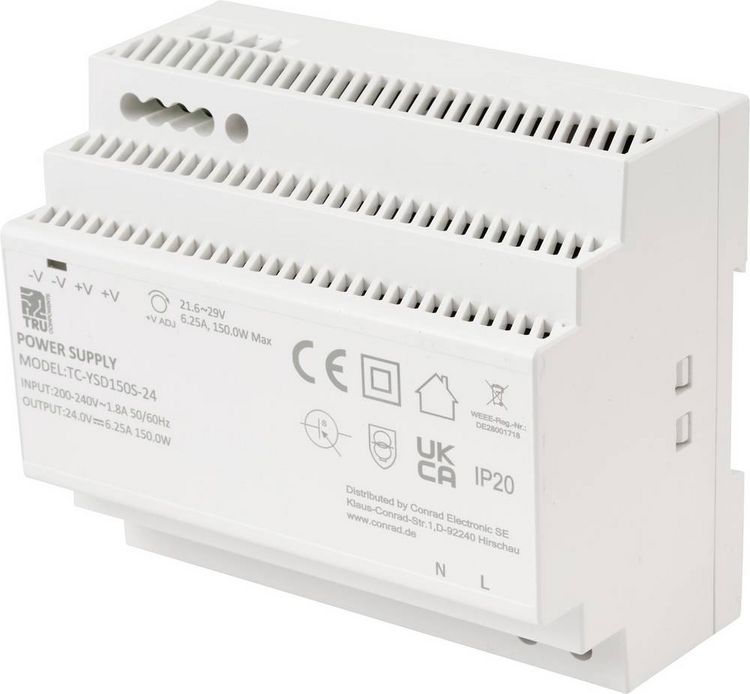 Produktbild: TRU COMPONENTS TC-13710896 Hutschienen-Netzteil (DIN-Rail) Verbrauch (StandBy) 0.3 W 24 V/DC 6.25 A 150 W Anzahl Ausg&auml;nge:1 x Inhalt 1 St.