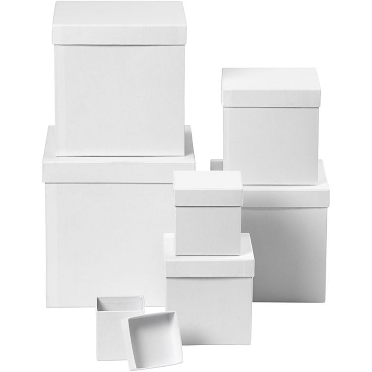 Produktbild: Creativ Company Deckelkartons - Sortiment, Quadratische Form, H 7,5+10+13+15+18+20+23 cm, Wei&szlig;, 7 Stk = 1 Set