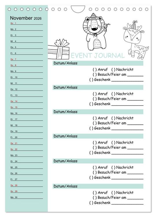 Produktbild: Geburtstagsplaner Doodle Tiere - F&uuml;r Termine, Geschenke, Eventdetails & mehr (Wandkalender 2026 DIN A4 hoch), CALVENDO Monatskalender