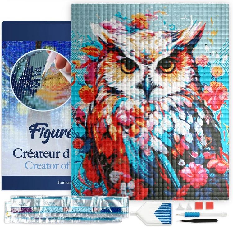 Produktbild: FiguredArt DP-FA10233-Y - Diamond Painting, Bunte Eule in voller Bl&uuml;te, Leinenwand-Keilrahmen 40x50cm, DIY Bastelset