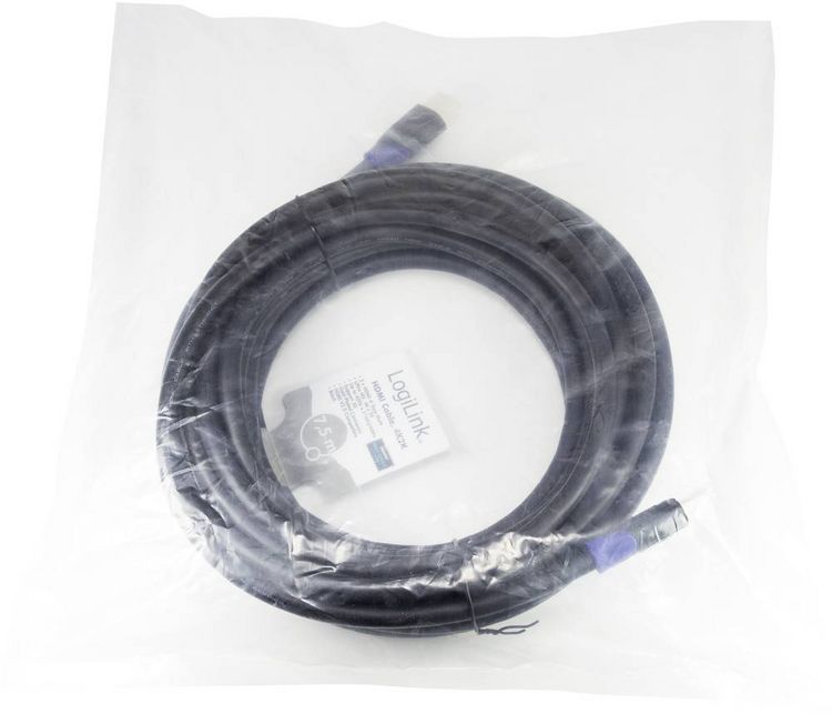 Produktbild: LogiLink HDMI Anschlusskabel HDMI-A Stecker, HDMI-A Stecker 7.50 m Schwarz CH0065 4K UHD, Audio Return Channel, vergoldete Steckkontakte HDMI-Kabel