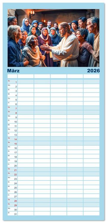 Produktbild: Familienplaner 2026 - Durch das Jahr mit Jesus mit 5 Spalten (Wandkalender, 21 x 45 cm) CALVENDO