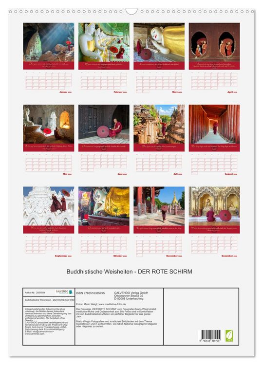Produktbild: Buddhistische Weisheiten - DER ROTE SCHIRM (Wandkalender 2026 DIN A2 hoch), CALVENDO Monatskalender