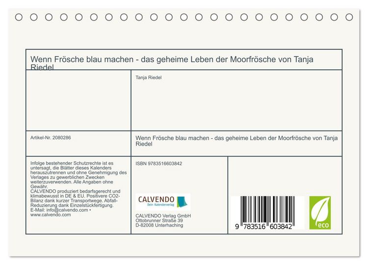 Produktbild: Wenn Fr&ouml;sche blau machen - das geheime Leben der Moorfr&ouml;sche von Tanja Riedel (Tischkalender 2026 DIN A5 quer), CALVENDO Monatskalender