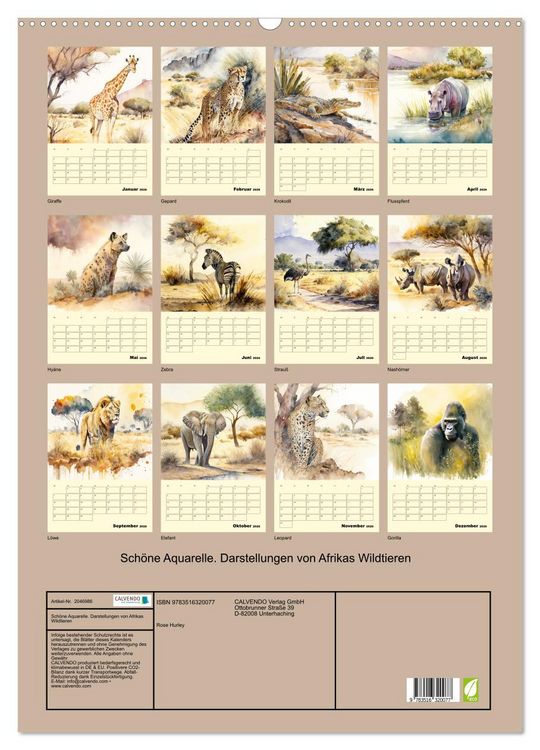Produktbild: Sch&ouml;ne Aquarelle. Darstellungen von Afrikas Wildtieren (Wandkalender 2026 DIN A2 hoch), CALVENDO Monatskalender