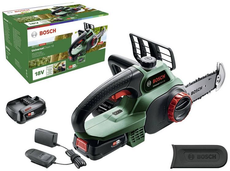 Produktbild: Bosch Home and Garden UniversalChain 18 Akku Kettens&auml;ge inkl. Akku, mit Schutzb&uuml;gel Schwertl&auml;nge 200 mm