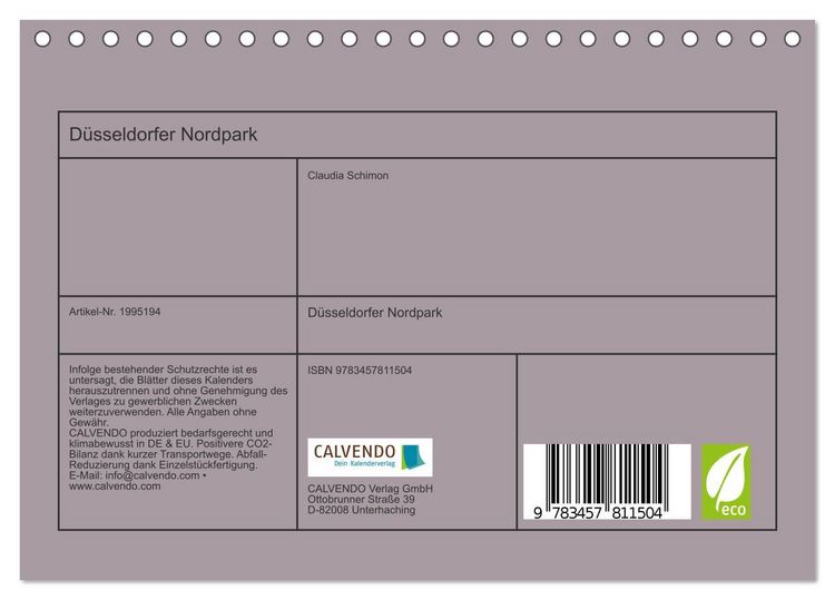 Produktbild: D&uuml;sseldorfer Nordpark (Tischkalender 2026 DIN A5 quer), CALVENDO Monatskalender