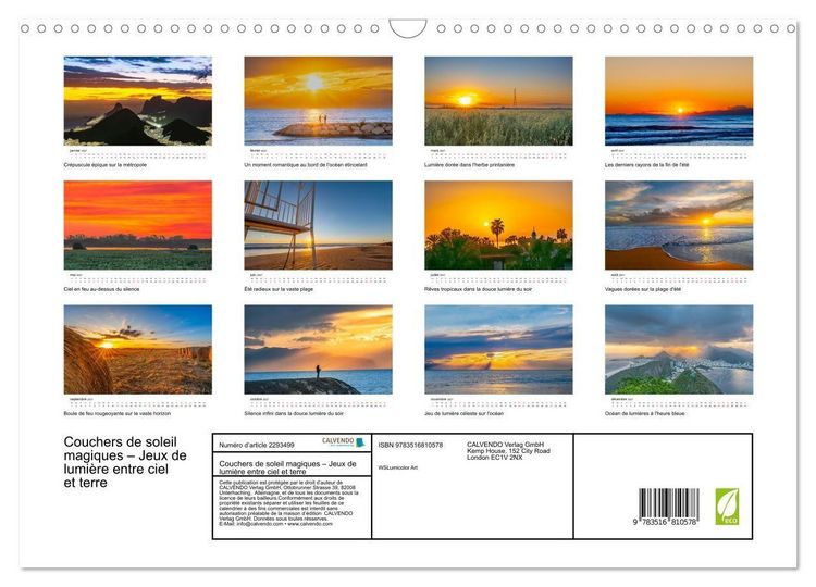 Produktbild: Couchers de soleil magiques &ndash; Jeux de lumi&egrave;re entre ciel et terre (Calendrier mural 2027 DIN A3 vertical), CALVENDO calendrier mensuel