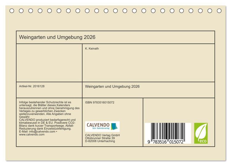 Produktbild: Weingarten und Umgebung 2026 (Tischkalender 2026 DIN A5 quer), CALVENDO Monatskalender