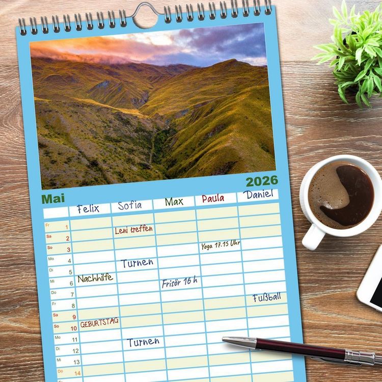 Produktbild: Familienplaner 2026 - Neuseeland Luftaufnahmen mit 5 Spalten (Wandkalender, 21 x 45 cm) CALVENDO