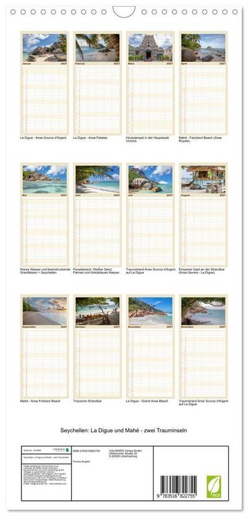Produktbild: Familienplaner 2027 - Seychellen: La Digue und Mah&eacute; - zwei Trauminseln mit 5 Spalten (Wandkalender, 21 x 45 cm) CALVENDO
