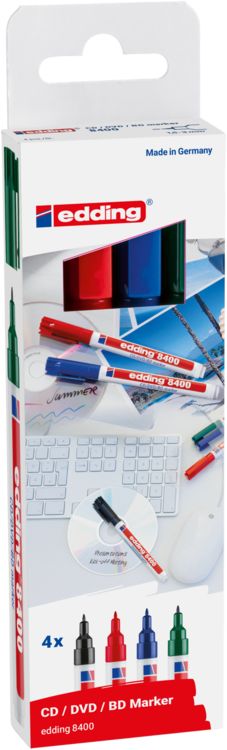 Produktbild: EDDING&reg; CD/DVD/BD Marker 8400, 4er Etui (rot, blau, gr&uuml;n, schwarz) Kartonetui