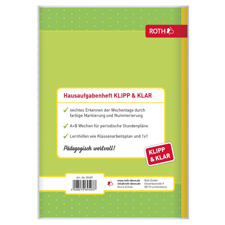 Produktbild: Klipp&Klar Grundschulaufgabenheft mit Tagesfarben A5 1 Wochen 2 Seiten Hurra Schule
