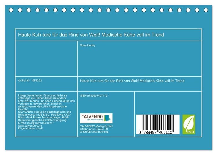 Produktbild: Haute Kuh-ture f&uuml;r das Rind von Welt! Modische K&uuml;he voll im Trend (Tischkalender 2026 DIN A5 quer), CALVENDO Monatskalender