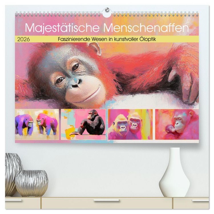 Produktbild: Majest&auml;tische Menschenaffen. Faszinierende Wesen in kunstvoller &Ouml;loptik (hochwertiger Premium Wandkalender 2026 DIN A2 quer), Kunstdruck in Hochglanz