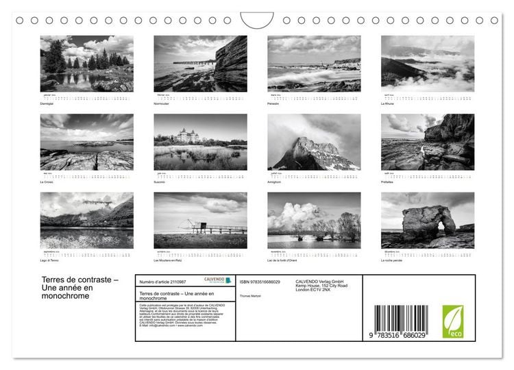 Produktbild: Terres de contraste &ndash; Une ann&eacute;e en monochrome (Calendrier mural 2026 DIN A4 vertical), CALVENDO calendrier mensuel