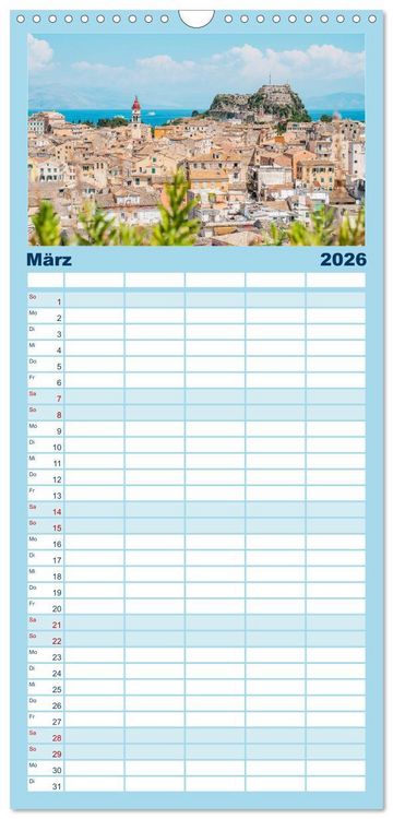 Produktbild: Familienplaner 2026 - Korfu - Gr&uuml;ne Insel im Ionischen Meer mit 5 Spalten (Wandkalender, 21 x 45 cm) CALVENDO
