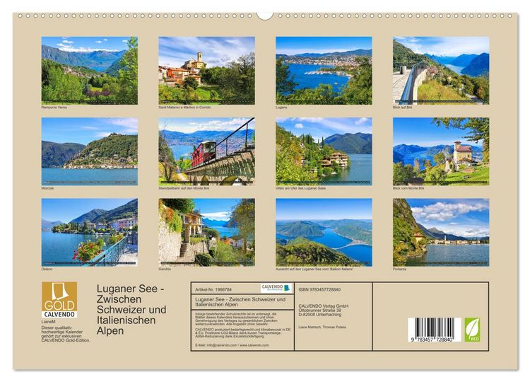 Produktbild: Luganer See - Zwischen Schweizer und Italienischen Alpen (hochwertiger Premium Wandkalender 2026 DIN A2 quer), Kunstdruck in Hochglanz