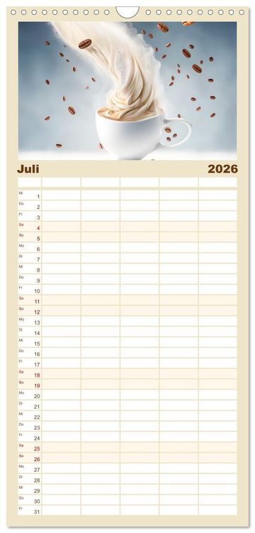 Produktbild: Familienplaner 2026 - Kaffe mal anders geniessen mit 5 Spalten (Wandkalender, 21 x 45 cm) CALVENDO