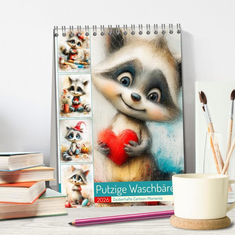 Produktbild: Putzige Waschb&auml;ren. Zauberhafte Cartoon-Momente (Tischkalender 2026 DIN A5 hoch), CALVENDO Monatskalender