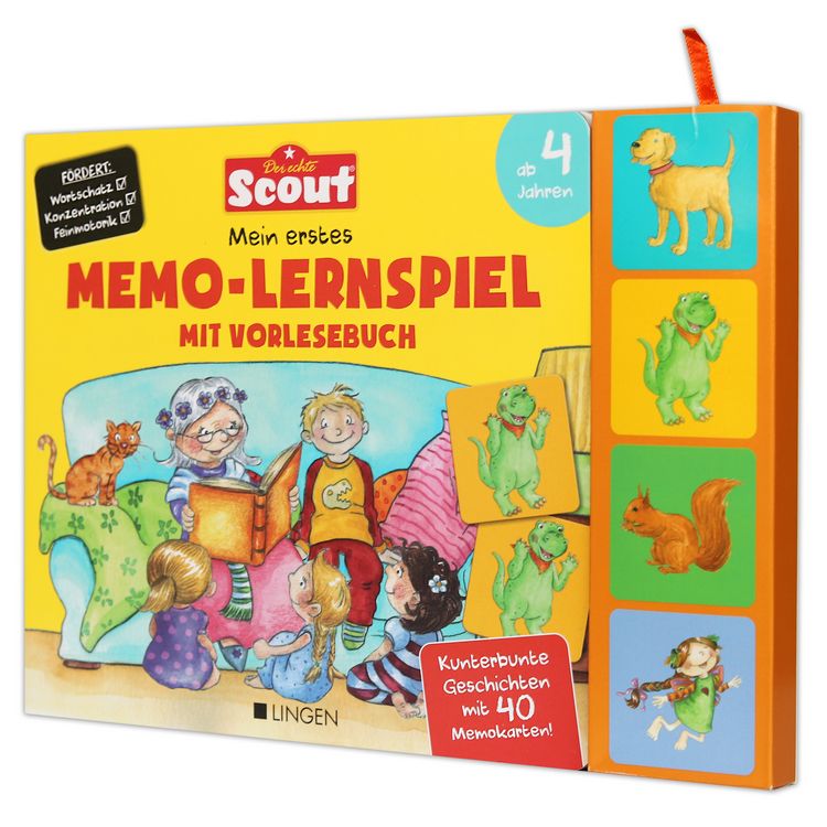 Produktbild: Scout: Mein erstes Memo Lernspiel mit Vorlesebuch - Kunterbunte Geschichten mit 40 Memokarten!