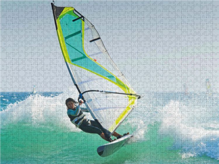 Produktbild: CALVENDO Puzzle Sportliche junge Windsurferin in der sch&auml;umenden Welle. | 1000 Teile Lege-Gr&ouml;&szlig;e 64x48cm Foto-Puzzle f&uuml;r gl&uuml;ckliche Stunden