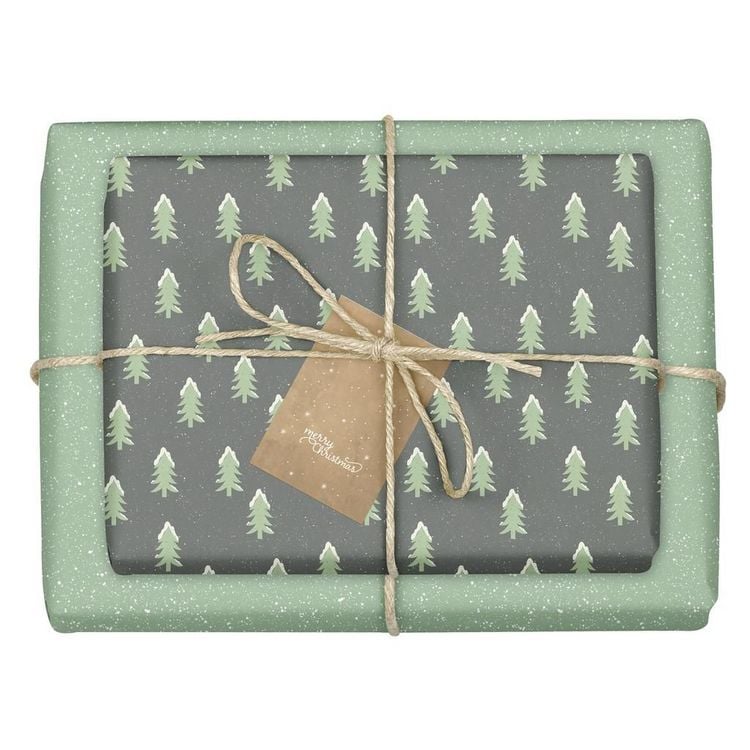 Produktbild: Geschenkpapier Set Weihnachten: Tannenbaum mit Schnee (gr&uuml;n, schwarz) f&uuml;r Kinder und Erwachsene