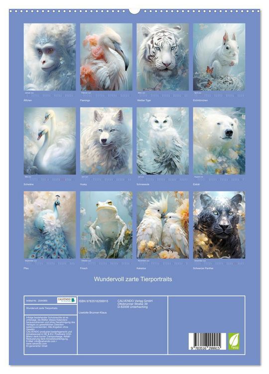 Produktbild: Wundervoll zarte Tierportraits (hochwertiger Premium Wandkalender 2026 DIN A2 hoch), Kunstdruck in Hochglanz