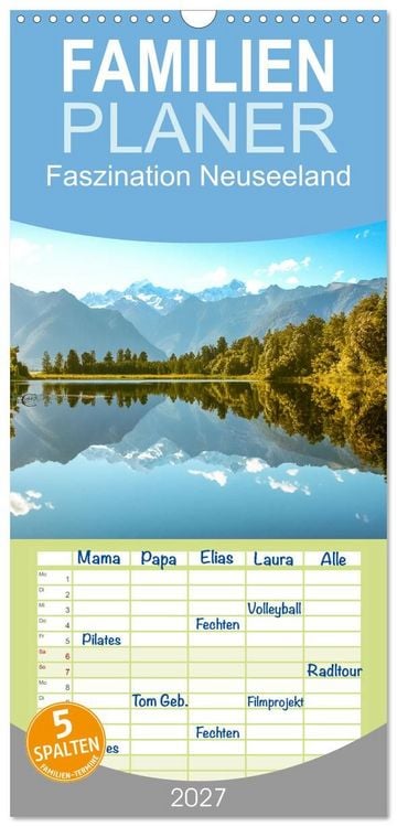 Produktbild: Familienplaner 2027 - Faszination Neuseeland mit 5 Spalten (Wandkalender, 21 x 45 cm) CALVENDO