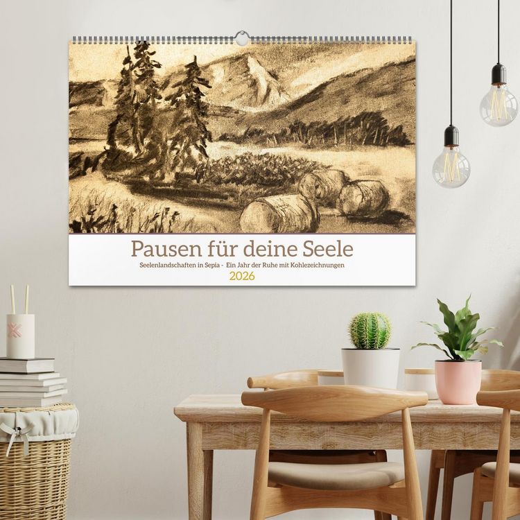 Produktbild: Pausen f&uuml;r deine Seele - Seelenlandschaften in Sepia - Ein Jahr der Ruhe mit Kohlezeichnungen (Wandkalender 2026 DIN A2 quer), CALVENDO Monatskalender