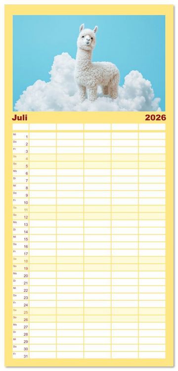 Produktbild: Familienplaner 2026 - Die Welt der Alpakas mit 5 Spalten (Wandkalender, 21 x 45 cm) CALVENDO