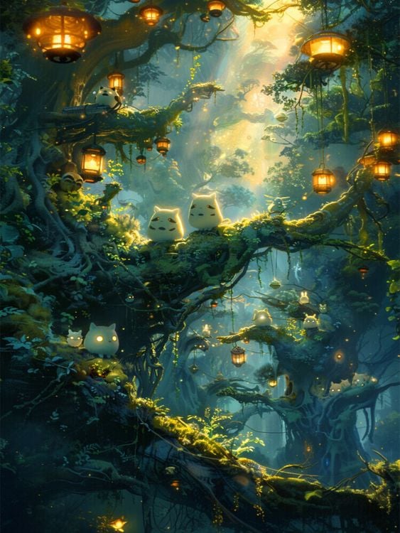 Produktbild: CALVENDO Puzzle Nachts im Wald - Waldgeister im Anime Stil | 1000 Teile Lege-Gr&ouml;&szlig;e 64x48cm Foto-Puzzle f&uuml;r gl&uuml;ckliche Stunden