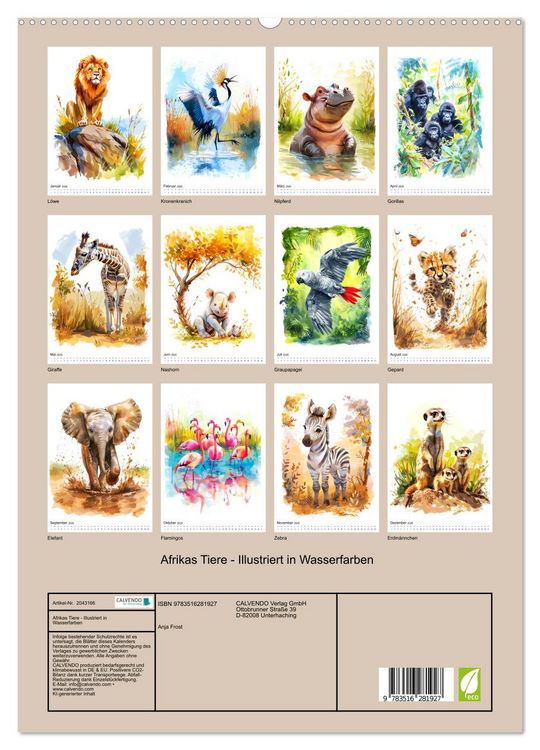 Produktbild: Afrikas Tiere - Illustriert in Wasserfarben (hochwertiger Premium Wandkalender 2026 DIN A2 hoch), Kunstdruck in Hochglanz