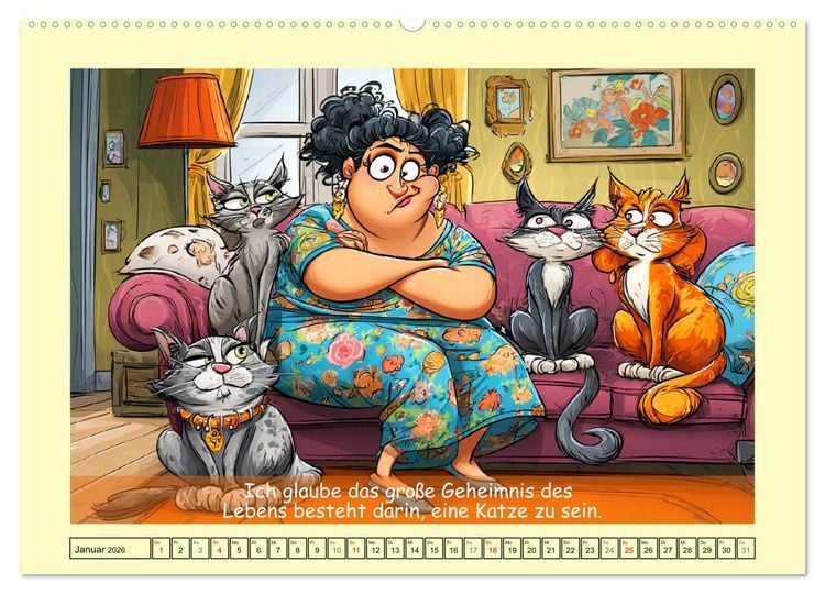 Produktbild: Katzen und Frauen. Lustige Cartoons vom t&auml;glichen Chaos (hochwertiger Premium Wandkalender 2026 DIN A2 quer), Kunstdruck in Hochglanz