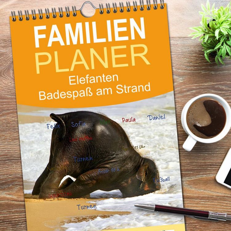 Produktbild: Familienplaner 2026 - Elefanten. Badespa&szlig; am Strand mit 5 Spalten (Wandkalender, 21 x 45 cm) CALVENDO