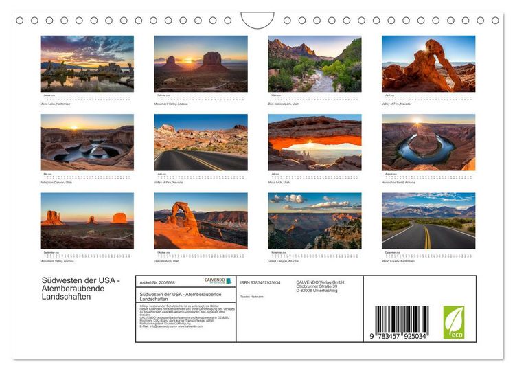 Produktbild: S&uuml;dwesten der USA - Atemberaubende Landschaften (Wandkalender 2026 DIN A4 quer), CALVENDO Monatskalender