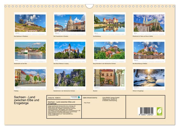 Produktbild: Sachsen - Land zwischen Elbe und Erzgebirge (Wandkalender 2026 DIN A3 quer), CALVENDO Monatskalender