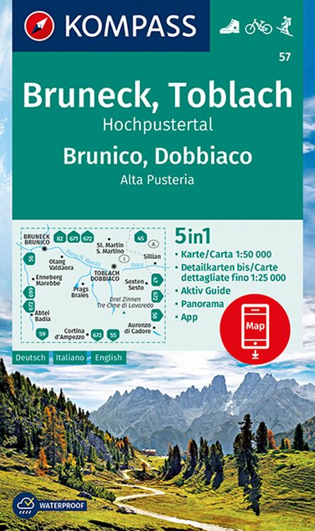 Produktbild: KOMPASS Wanderkarte 57 Bruneck, Toblach, Hochpustertal, Brunico, Dobbiaco, Alta Pusteria 1:50.000