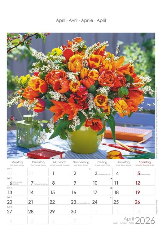 Blumen 2026 - Bildkalender 23,7x34 cm - Kalender mit Platz für Notizen - mit vielen Zusatzinformationen - Wandkalender - Blumenkalender