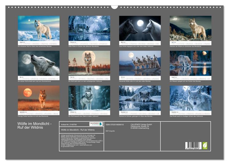 Produktbild: W&ouml;lfe im Mondlicht - Ruf der Wildnis (Wandkalender 2026 DIN A2 quer), CALVENDO Monatskalender