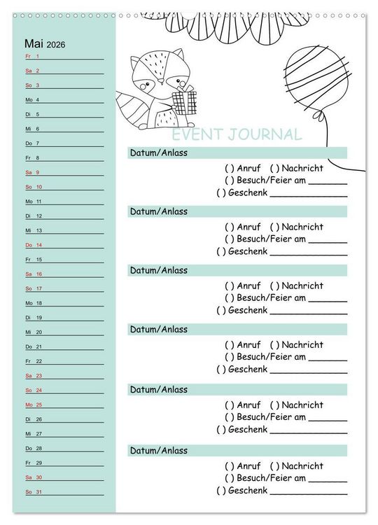 Produktbild: Geburtstagsplaner Doodle Tiere - F&uuml;r Termine, Geschenke, Eventdetails & mehr (hochwertiger Premium Wandkalender 2026 DIN A2 hoch), Kunstdruck in Hochglanz