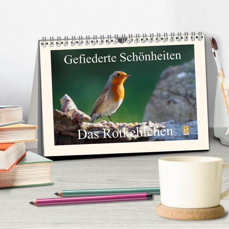 Produktbild: Gefiederte Sch&ouml;nheiten - Das Rotkehlchen (Tischkalender 2026 DIN A5 quer), CALVENDO Monatskalender