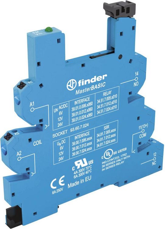 Produktbild: Finder 93.60.7.024 Relaissockel mit Halteb&uuml;gel, mit LED, mit EMV-Entst&ouml;rbeschaltung Passend f&uuml;r Serie (Relais): Serie 34 Finder