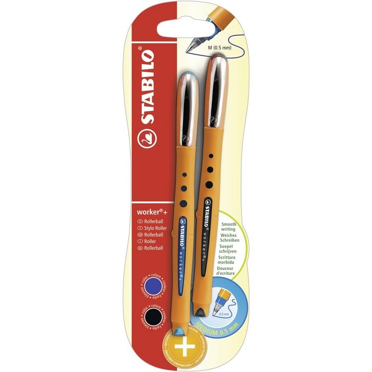 Produktbild: STABILO Tintenroller worker + medium blau schwarz 2 St&uuml;ck Blister