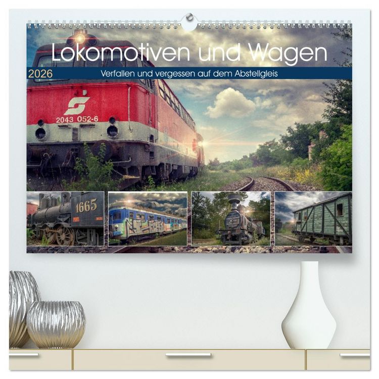Produktbild: Lokomotiven und Wagen - Verfallen und vergessen auf dem Abstellgleis (hochwertiger Premium Wandkalender 2026 DIN A2 quer), Kunstdruck in Hochglanz